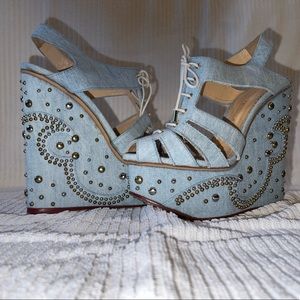 Charlotte Olympia Light Blue Studded Denim Lace-Up Wedge Sandals Sz 38